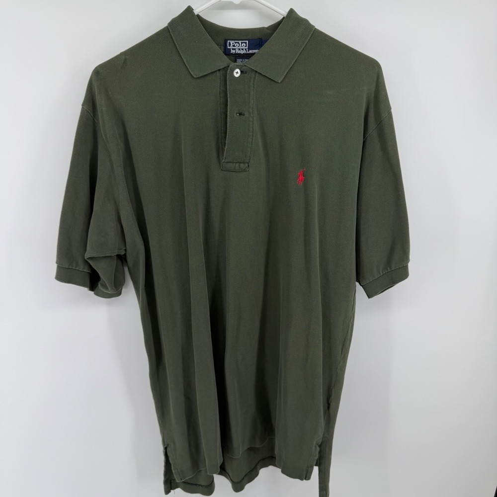 Polo Ralph Lauren Mens Large Olive Green Short Sleeve Pique Polo‎ Shirt Red Pony